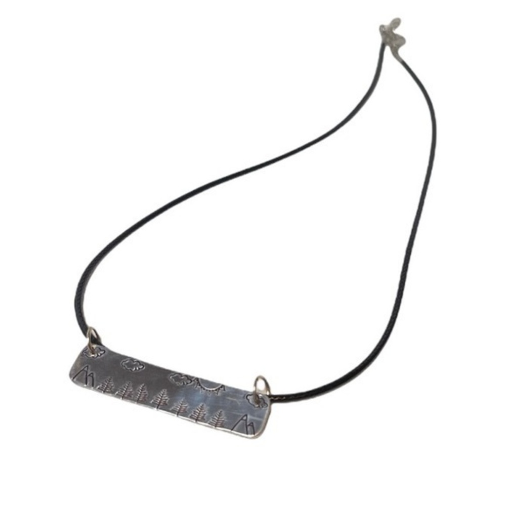 Handmade stamped nature silver rectangular pendant black leather cord necklace‎ - Picture 3 of 6